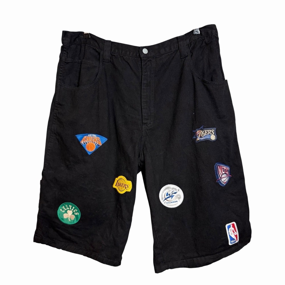 Vintage Y2K NBA Denim Shorts Mens 40 Black Logo Patch Denim Streetwear Jorts